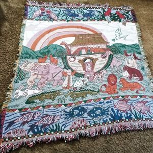 Noah's Ark Afghan Goodwin Weavers Throw Blanket Elephants Rainbow Lion Bear Dove
